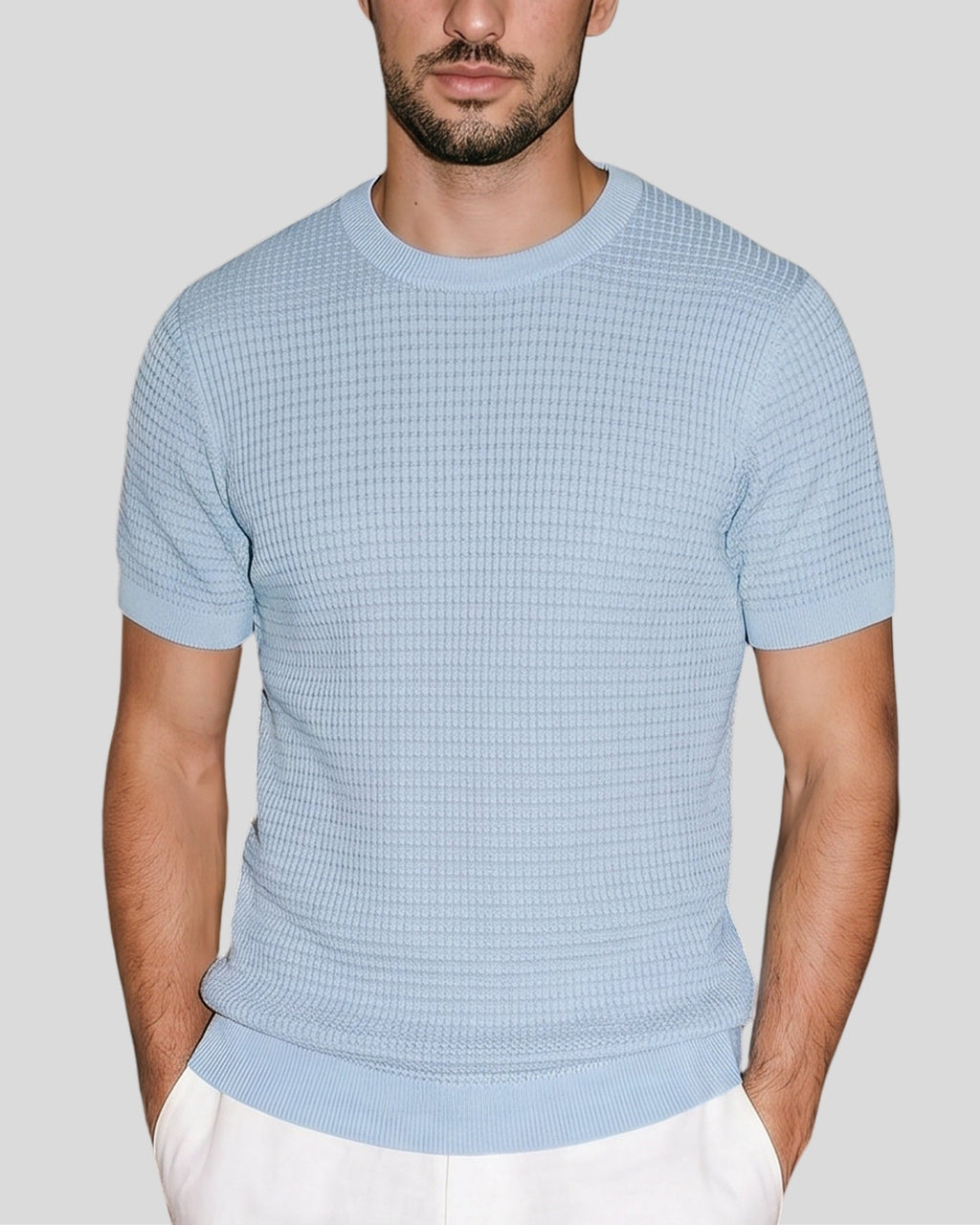 Sky Blue Grid-Knit Crew - Front View | Tuff Haus