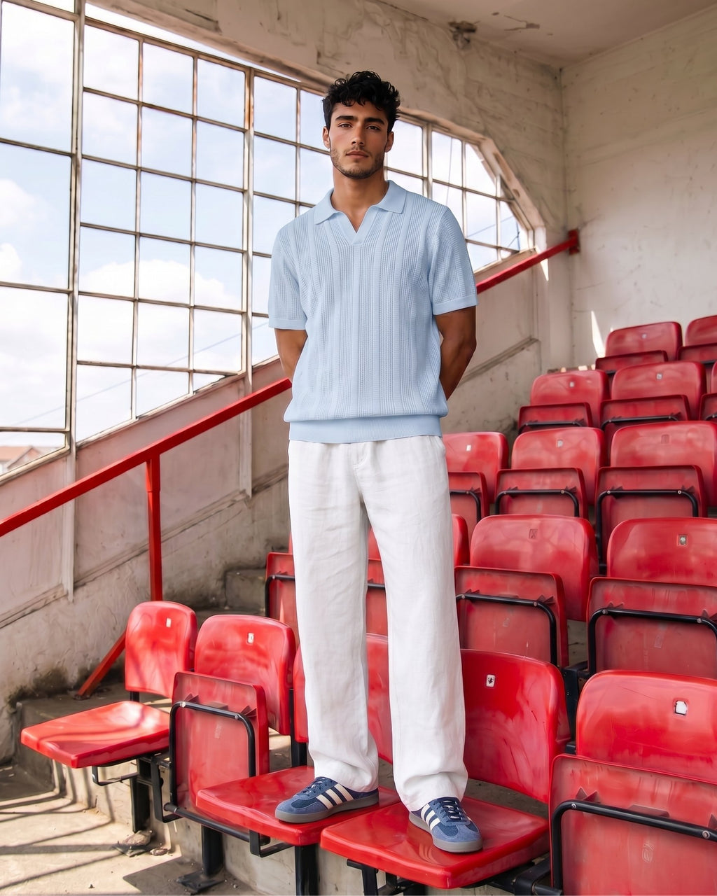 Sky Blue Ivory-Rib Knit Polo - Back View | Tuff Haus