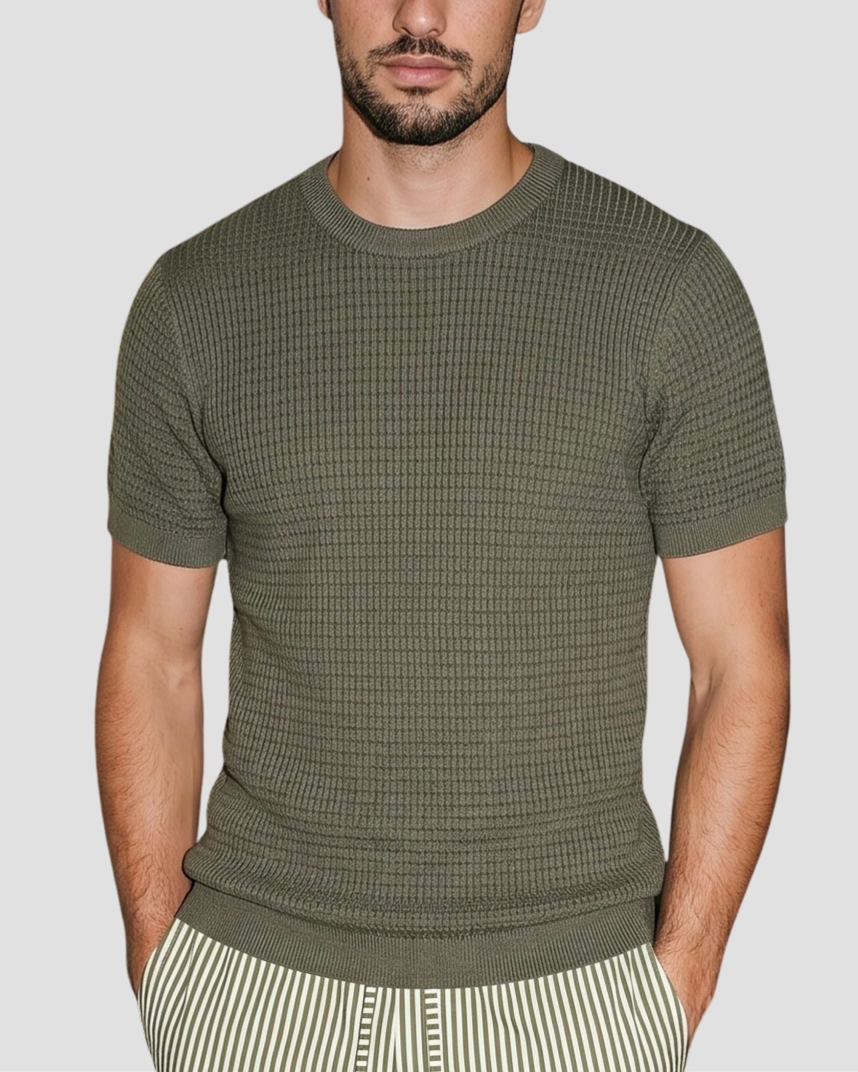 Olive Grid-Knit Crew - Front View | Tuff Haus