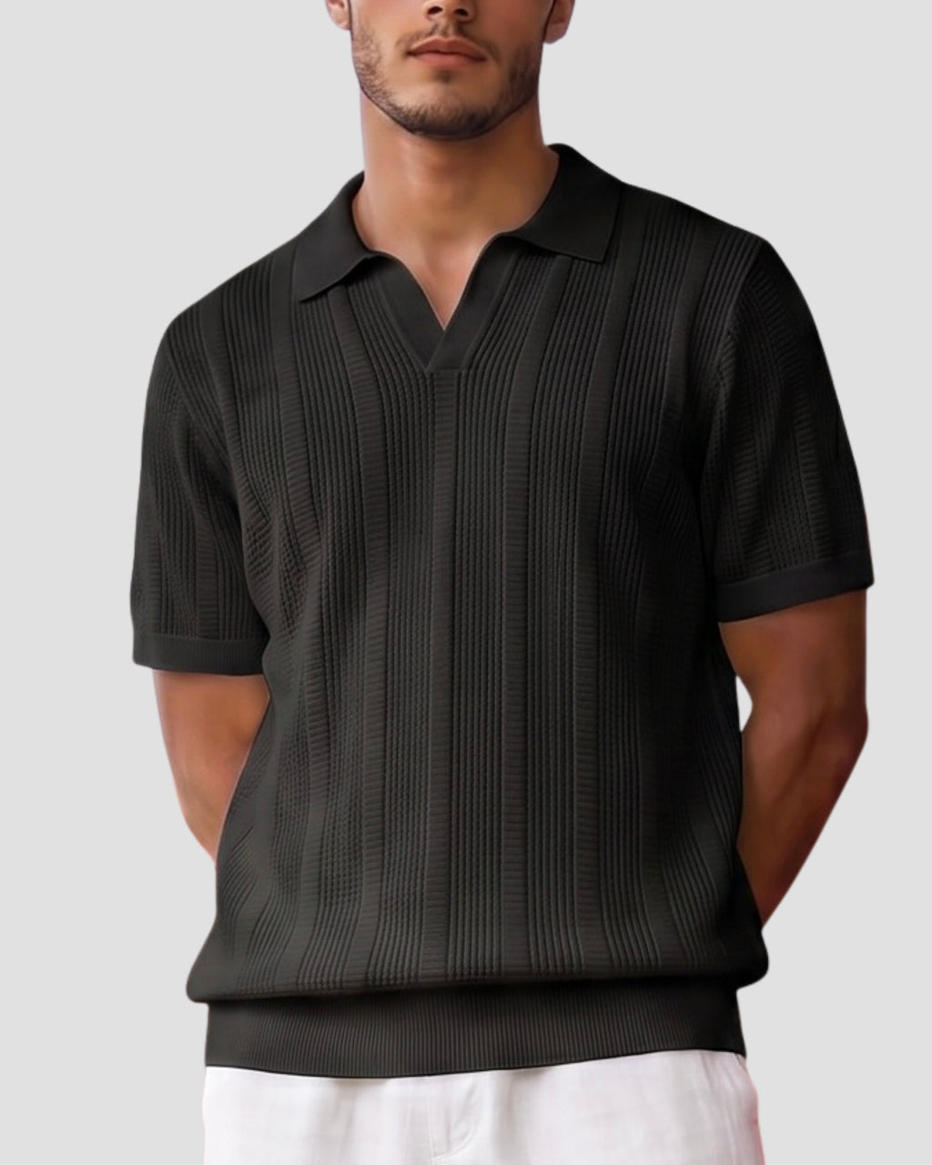 Jet Black Ivory-Rib Knit Polo - Front View | Tuff Haus