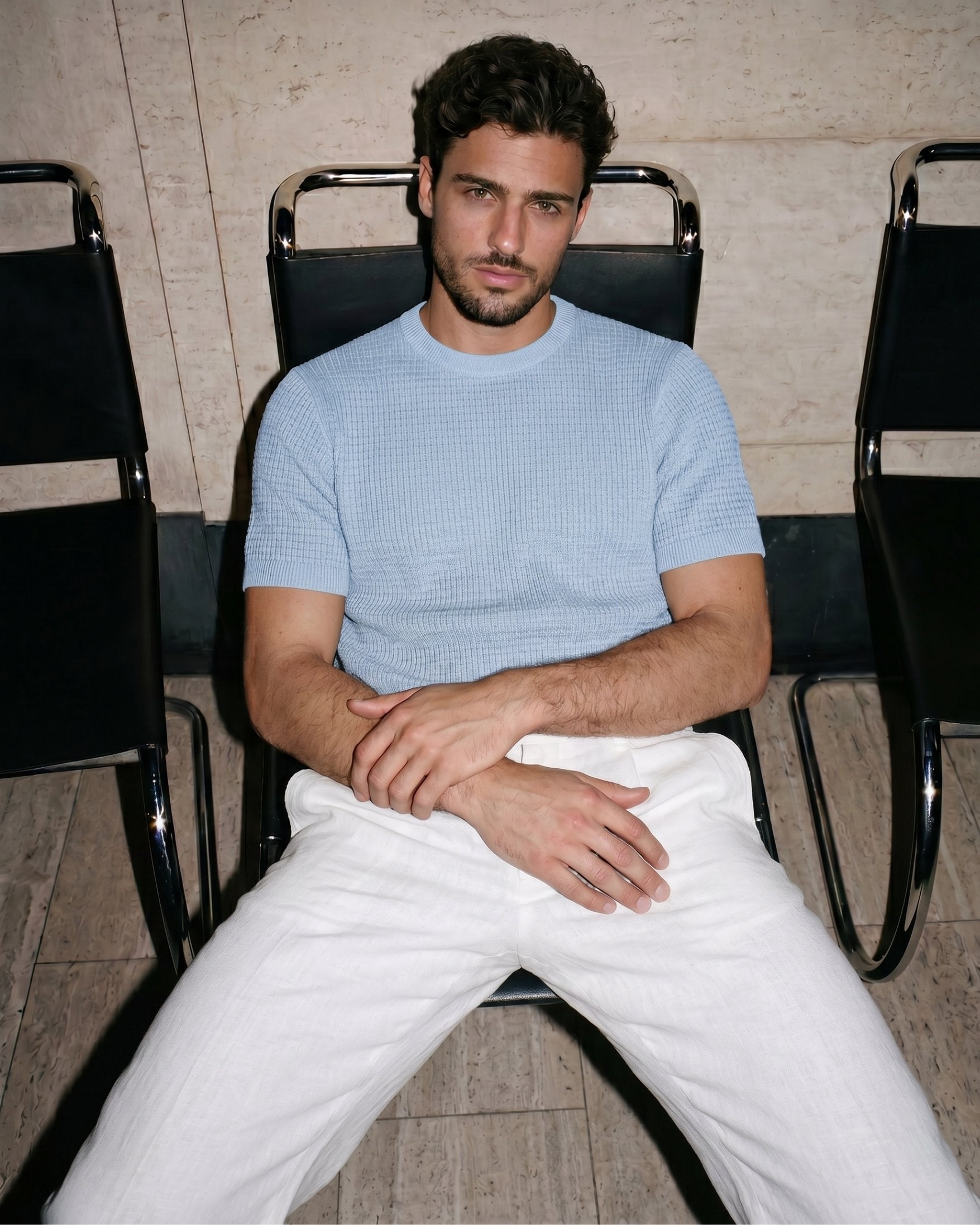 Sky Blue Grid-Knit Crew - Side View | Tuff Haus