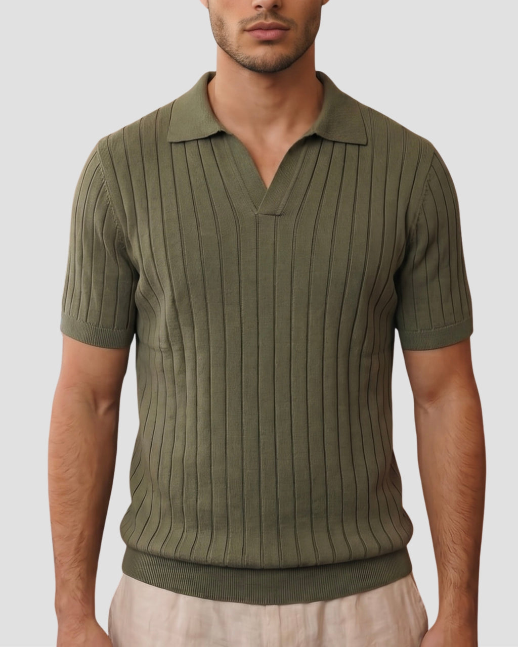 Olive Vertical-Rib Knit Polo - Front View | Tuff Haus
