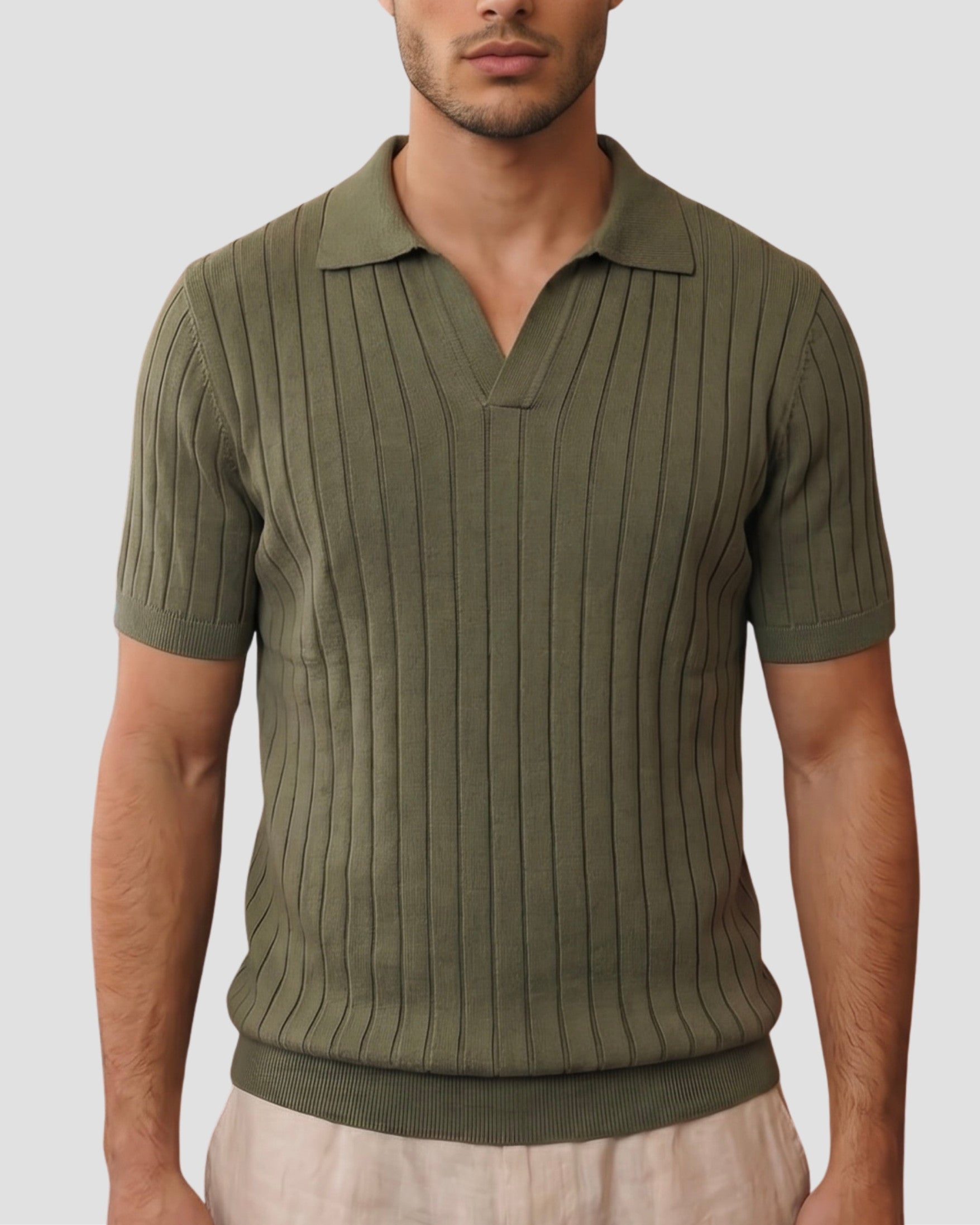 Olive Vertical-Rib Knit Polo - Front View | Tuff Haus