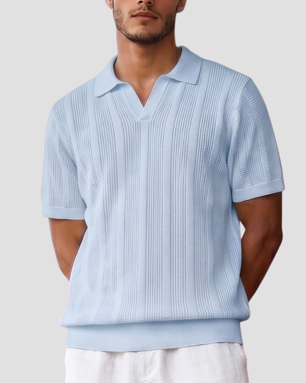 Sky Blue Ivory-Rib Knit Polo - Front View | Tuff Haus