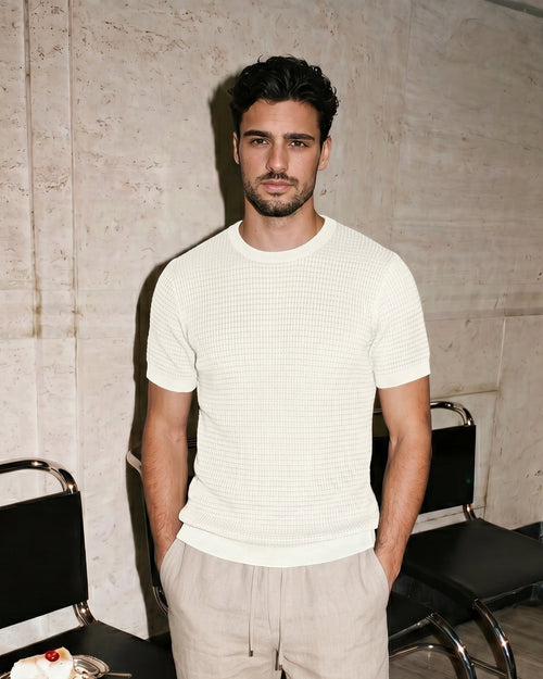 Cream Grid-Knit Crew - Knit Texture Detail | Tuff Haus