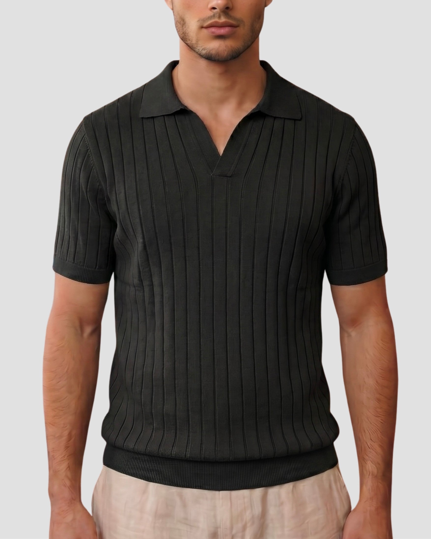 Jet Black Vertical-Rib Knit Polo - Front View | Tuff Haus