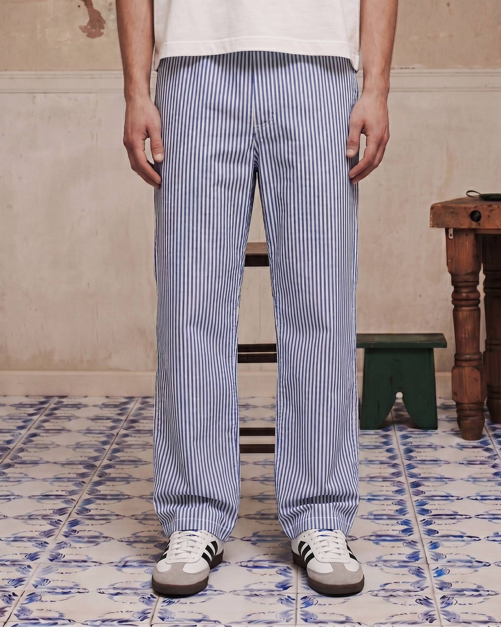 Sky Blue Striped Pants - Lifestyle Model Wearing | Tuff Haus