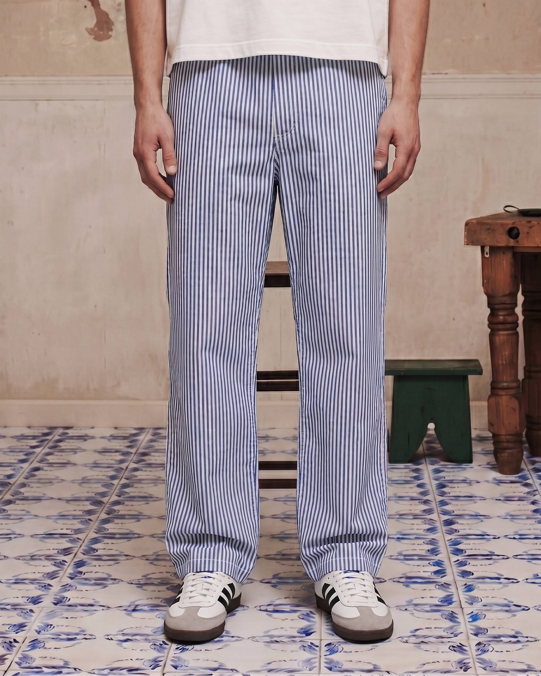 Sky Blue Striped Pants - Lifestyle Model Wearing | Tuff Haus