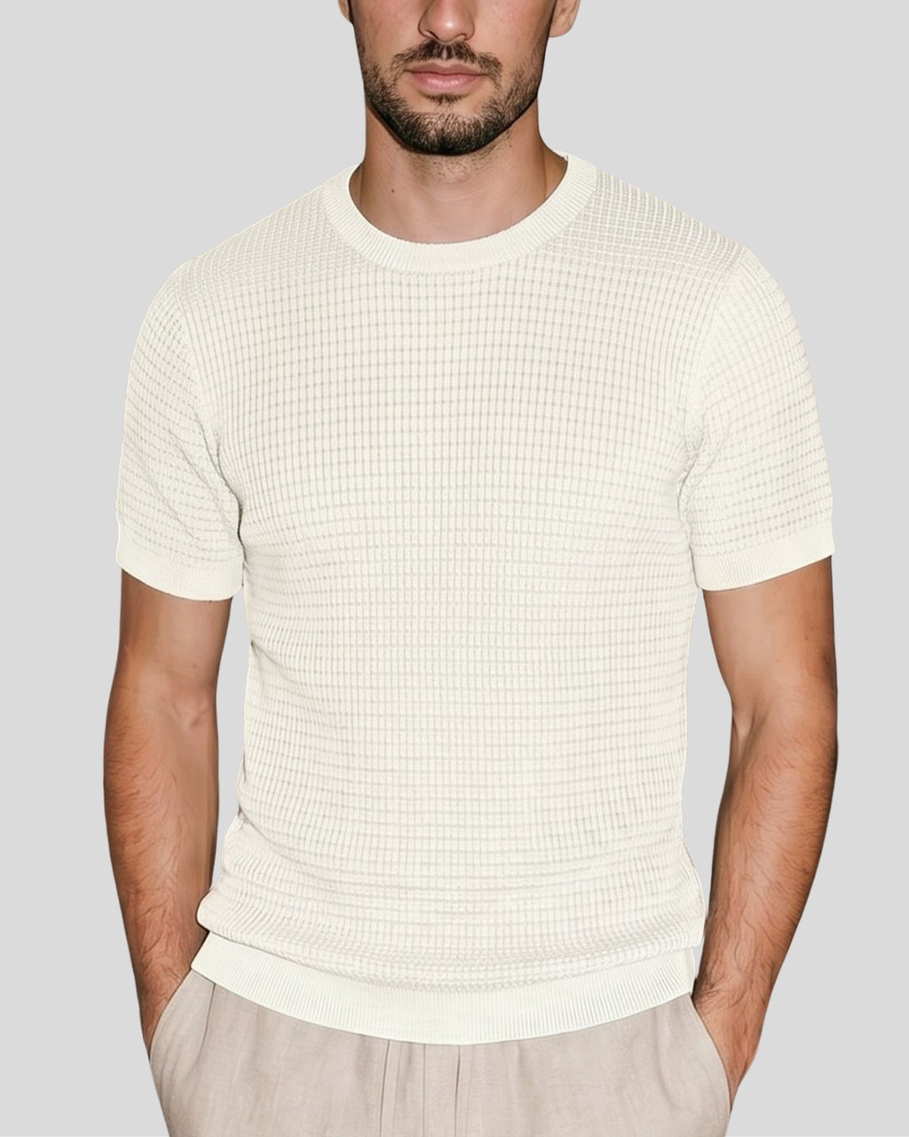 Cream Grid-Knit Crew - Front View | Tuff Haus
