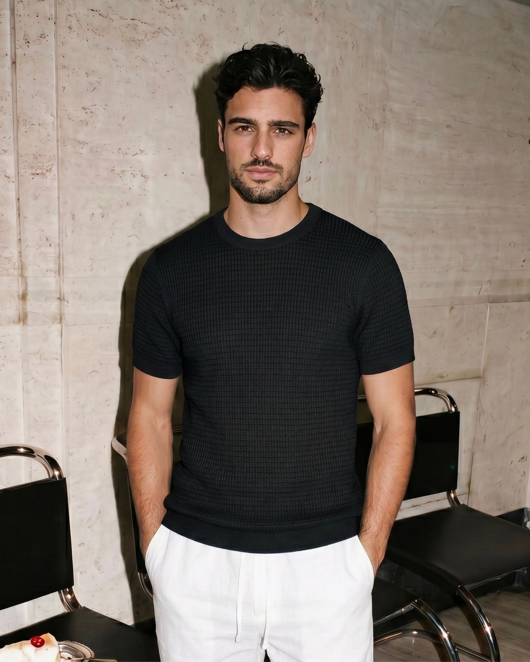 Jet Black Grid-Knit Crew