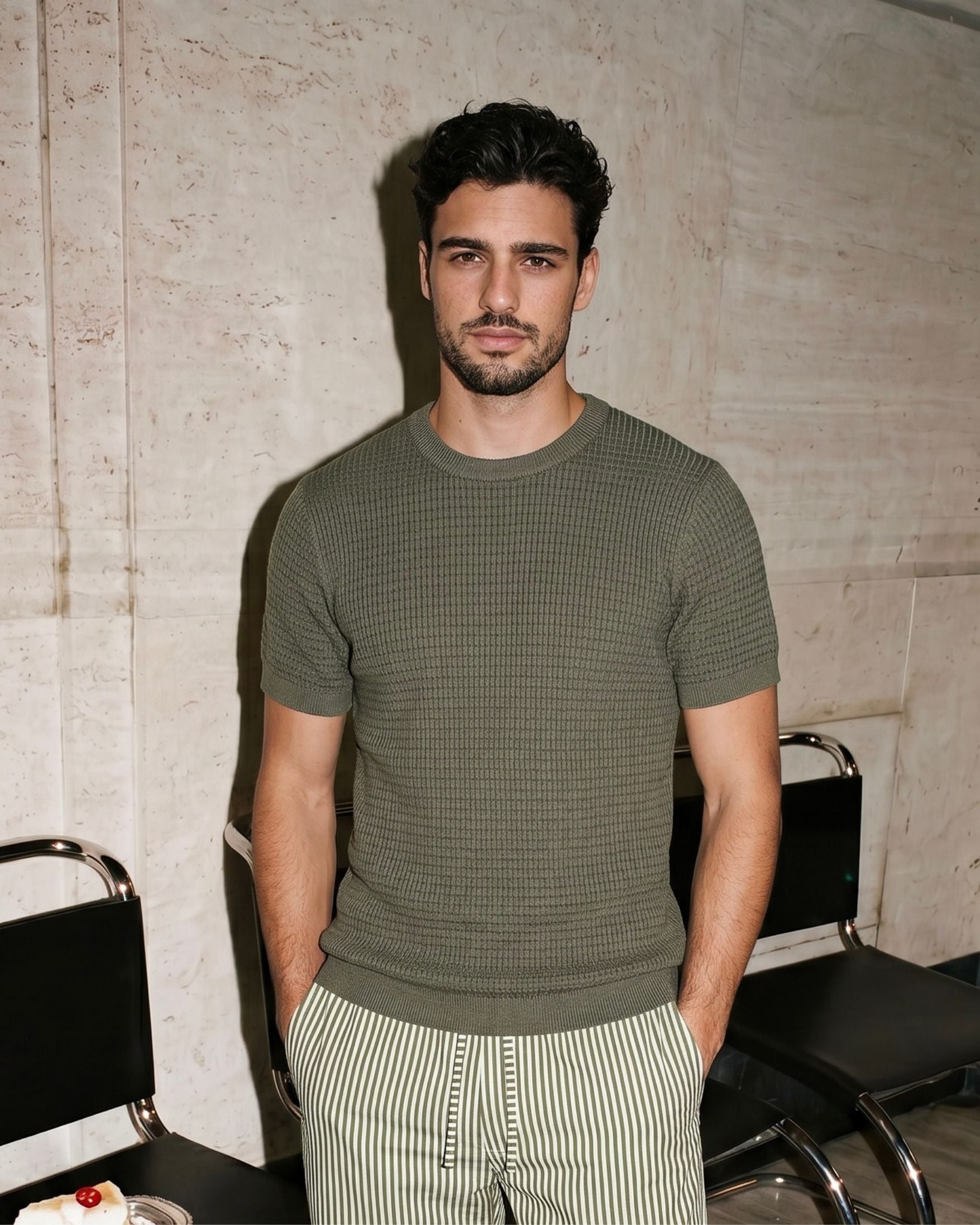 Olive Grid-Knit Crew