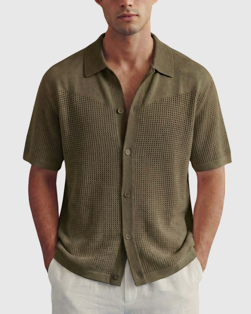 Olive Button-Down Knit Shirt - Front View | Tuff Haus