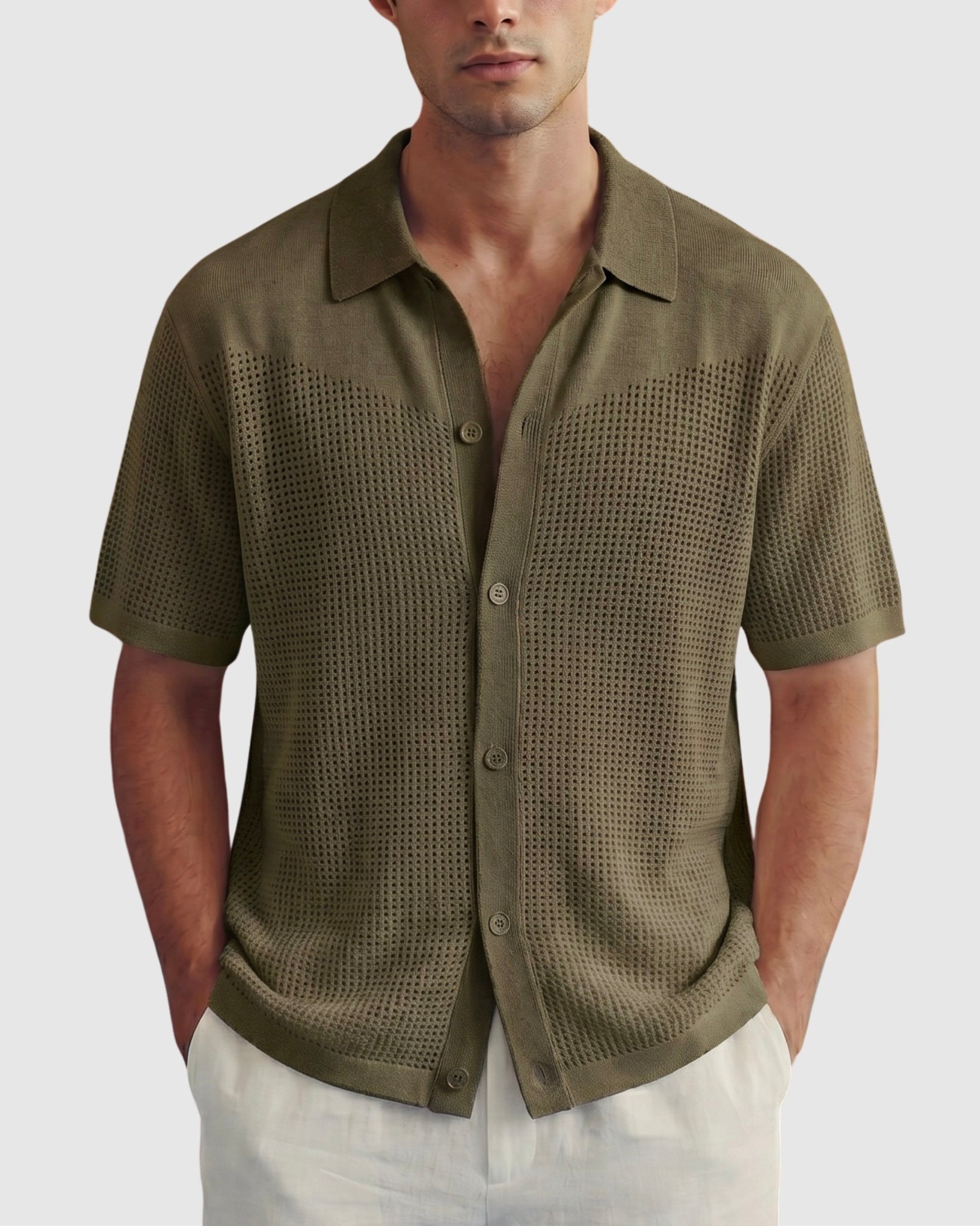 Olive Button-Down Knit Shirt - Front View | Tuff Haus